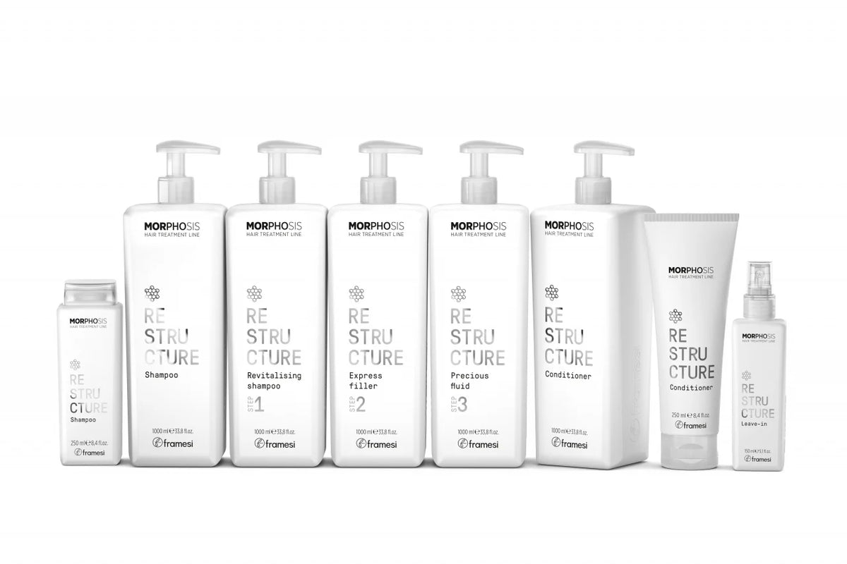 Framesi Morphosis Restructure – gama extinsa 8 produse: Sampon, Revitalising Step 1, Express Filler Step 2, Precious Fluid Step 3, Conditioner si Leave-in. Par deteriorat.