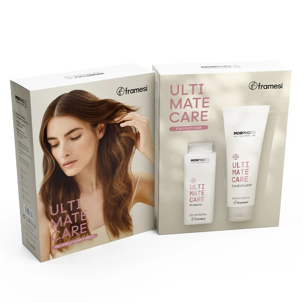 Framesi Morphosis Ultimate Care Kit 2x250ml – par cret, ondulat si voluminos dupa utilizare. Sampon si conditioner pentru par frizzy. Per Capelli Crespi e Spenti. Italia.