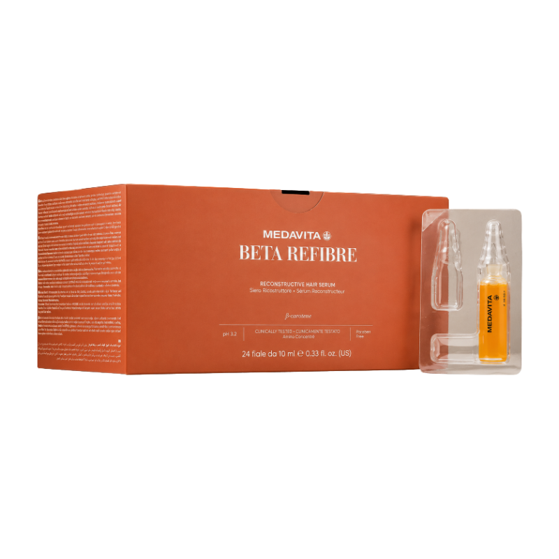 Medavita Beta-Refibre cutie 24 fiole x 10ml – Deconstructive Hair Serum cu beta-caroten, Clinically Tested. Reconstructie profunda a firului de par.