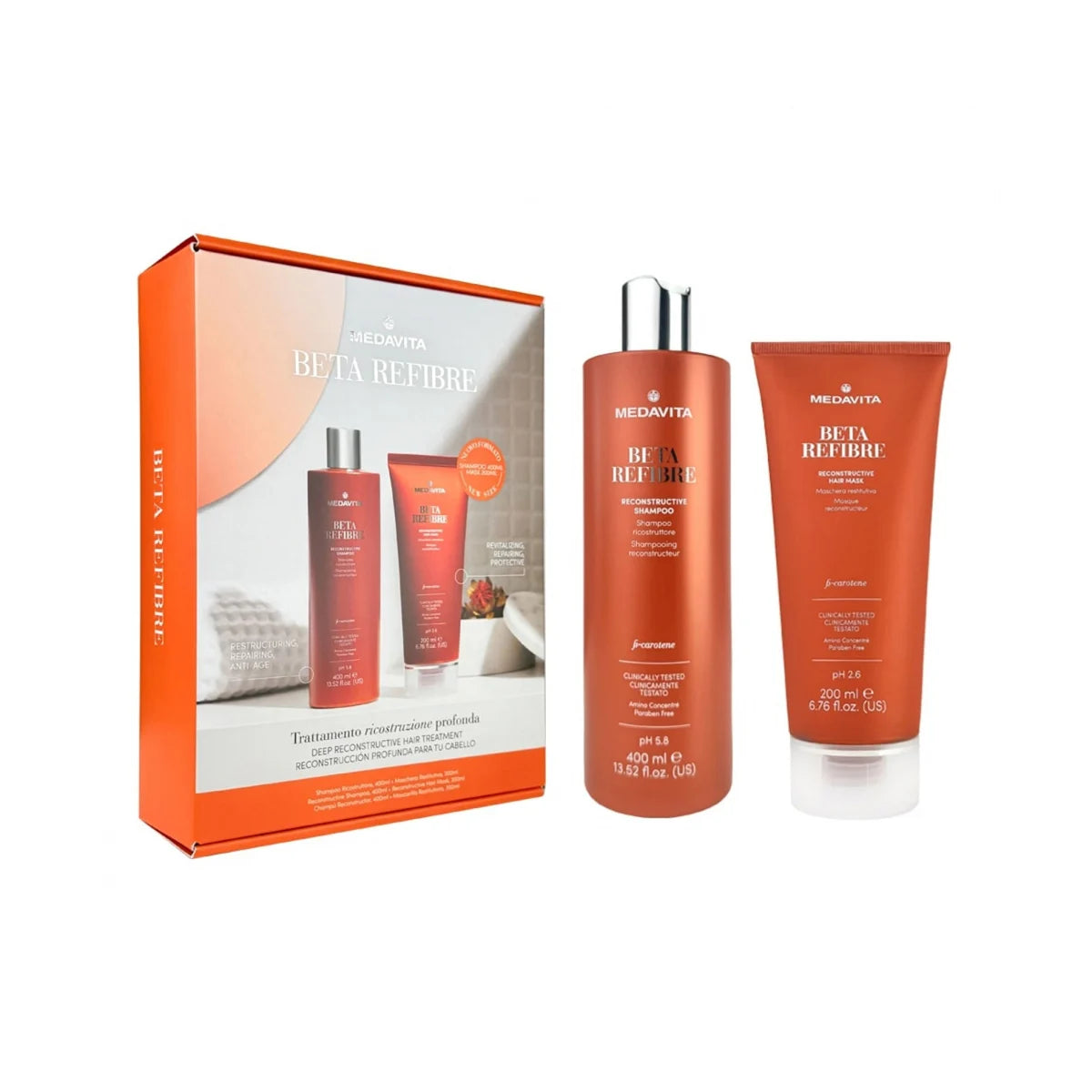 Medavita Beta Refibre Duo Kit – Sampon Reconstructiv 400ml pH 5.8 + Masca 200ml pH 2.6. Deep Reconstructive Hair Treatment pentru par fragil si deteriorat. Paraben Free.