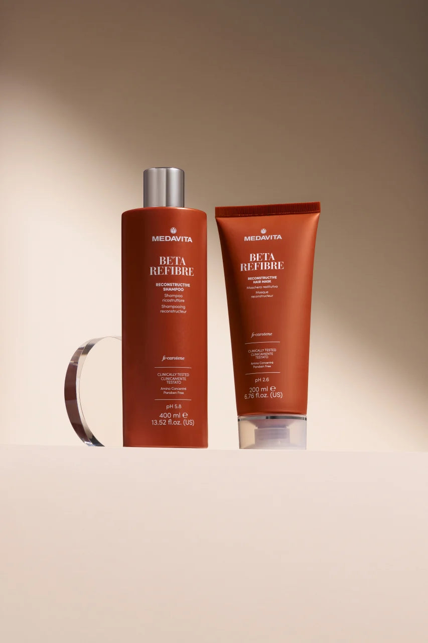 Medavita Beta Refibre Reconstructive Shampoo 400ml pH 5.6 + Masca 200ml pH 2.6 – duo reconstructie par fragil si deteriorat. Beta-caroten, Amino Concentre, Paraben Free.