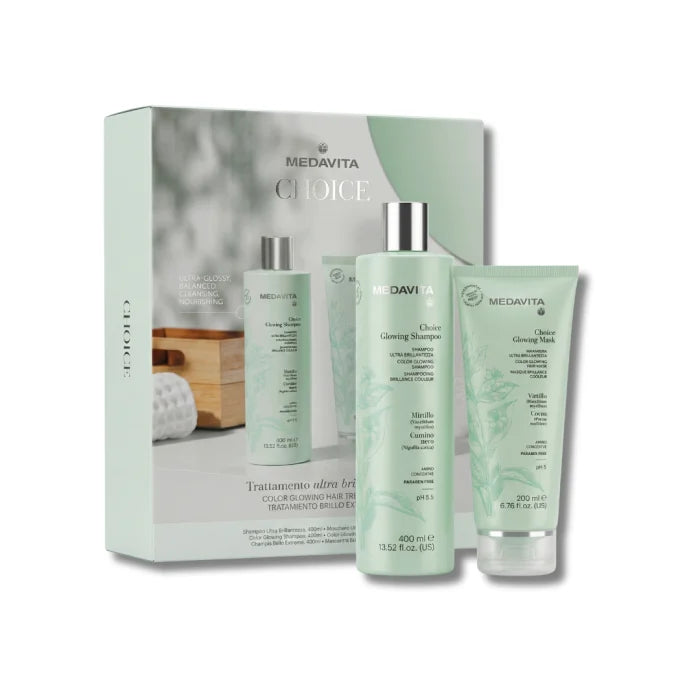 Medavita Choice Glowing Kit – Sampon 400ml + Masca 200ml pentru stralucire intensa tip oglinda. Cu ulei afine, chimen negru si Amino Concentre. Fara parabeni. Made in Italy.