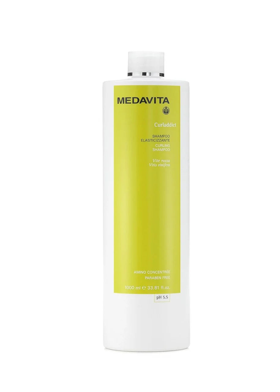 Medavita Curladdict Curling Shampoo 1000ml pH 5.5 – Vitis vinifera, Amino Concentre, Paraben Free. Sampon elasticizant pentru par ondulat si cret. Made in Italy.
