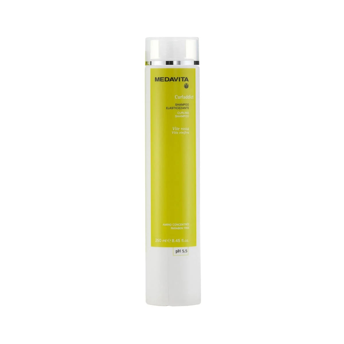 Medavita Curladdict Curling Shampoo 250ml pH 5.5 – Vitis vinifera, Amino Concentre, Paraben Free. Sampon elasticizant pentru par ondulat si cret. Made in Italy.