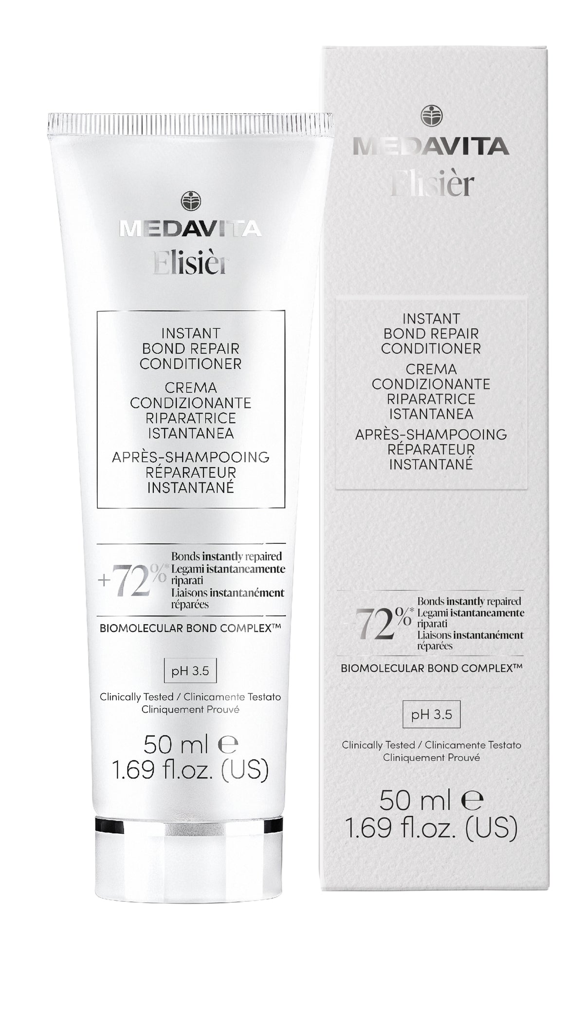 Conditioner reparator Medavita Elisier Instant Bond Repair 50 ml travel size pentru repararea instantanee a părului deteriorat, refacerea legăturilor firului de păr și descurcarea ușoară a părului.