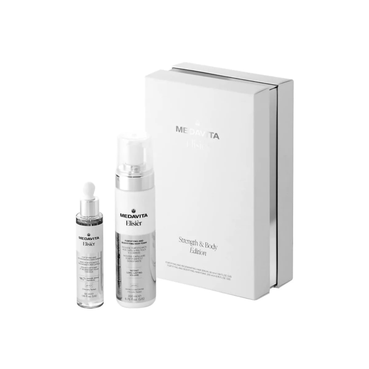 Kit Medavita Elisièr Strength & Body Edition cu ser fortifiant și spumă pentru volum, prezentat împreună cu ambalajul premium original.