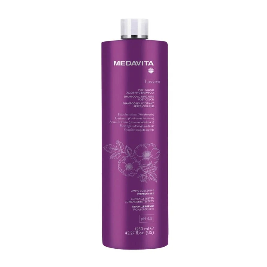 Medavita Luxviva Post Color Acidifying Shampoo 1250ml pH 4.5 – Fitokeratina, Moringa, Nigella sativa, Amino Concentre, Paraben Free. Protectia culorii par vopsit.