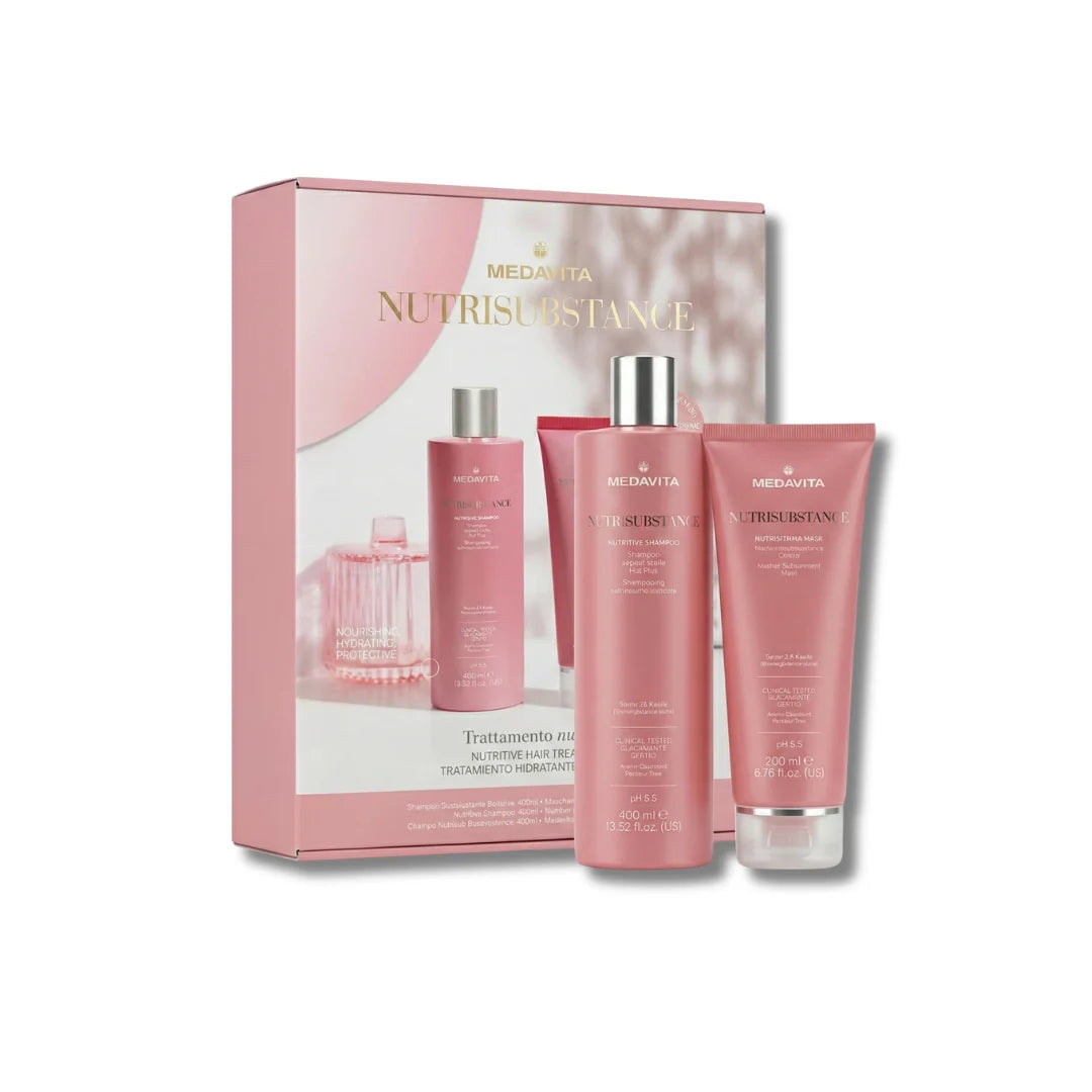 Medavita Nutrisubstance Duo Luxury Kit – Sampon Nutritive 400ml + Masca 200ml pentru hidratare intensiva par uscat. Cu Unt Shea, Ulei Jojoba si Amino Concentre. Made in Italy.
