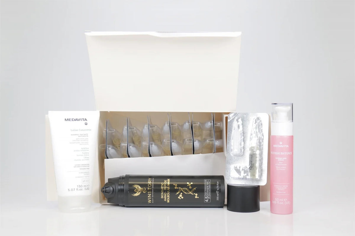 Continut complet set anticadere: 13 fiole Medavita, tub Lotion Concentree 150ml, Winstory Masca Moleculara 200ml si Sampon Anticadere Medavita. Reparare moleculara par.
