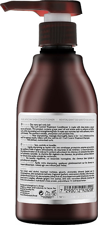 Saryna Key Curl Control Conditioner 300ml – verso flacon cu ingrediente, mod de utilizare si informatii produs. Unt de shea african, fara sulfati si parabeni.