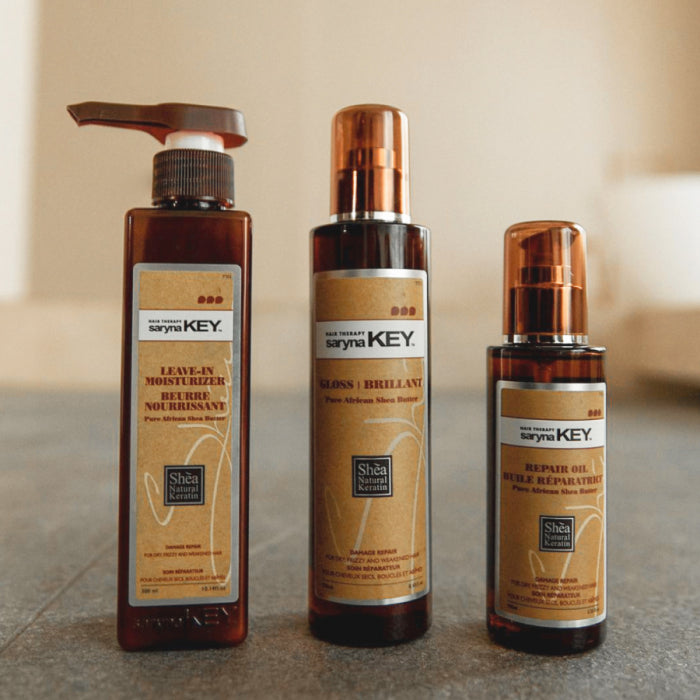 Saryna Key Damage Repair – gama completa: Leave-in Moisturizer, Gloss Brillant si Repair Oil cu unt de shea african si keratina pentru par uscat si deteriorat.