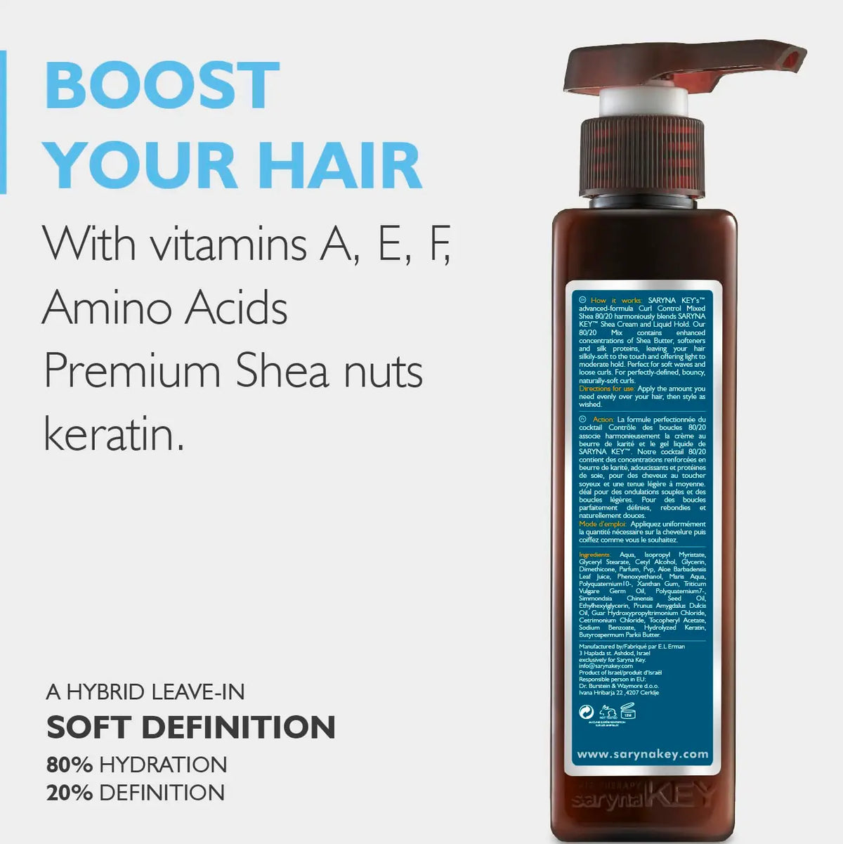 Saryna Key Mix Shea Leave-in 80/20 – vitamine A, E, F, aminoacizi si keratina din nuci de shea premium, 80% hidratare si 20% definitie pentru bucle moi