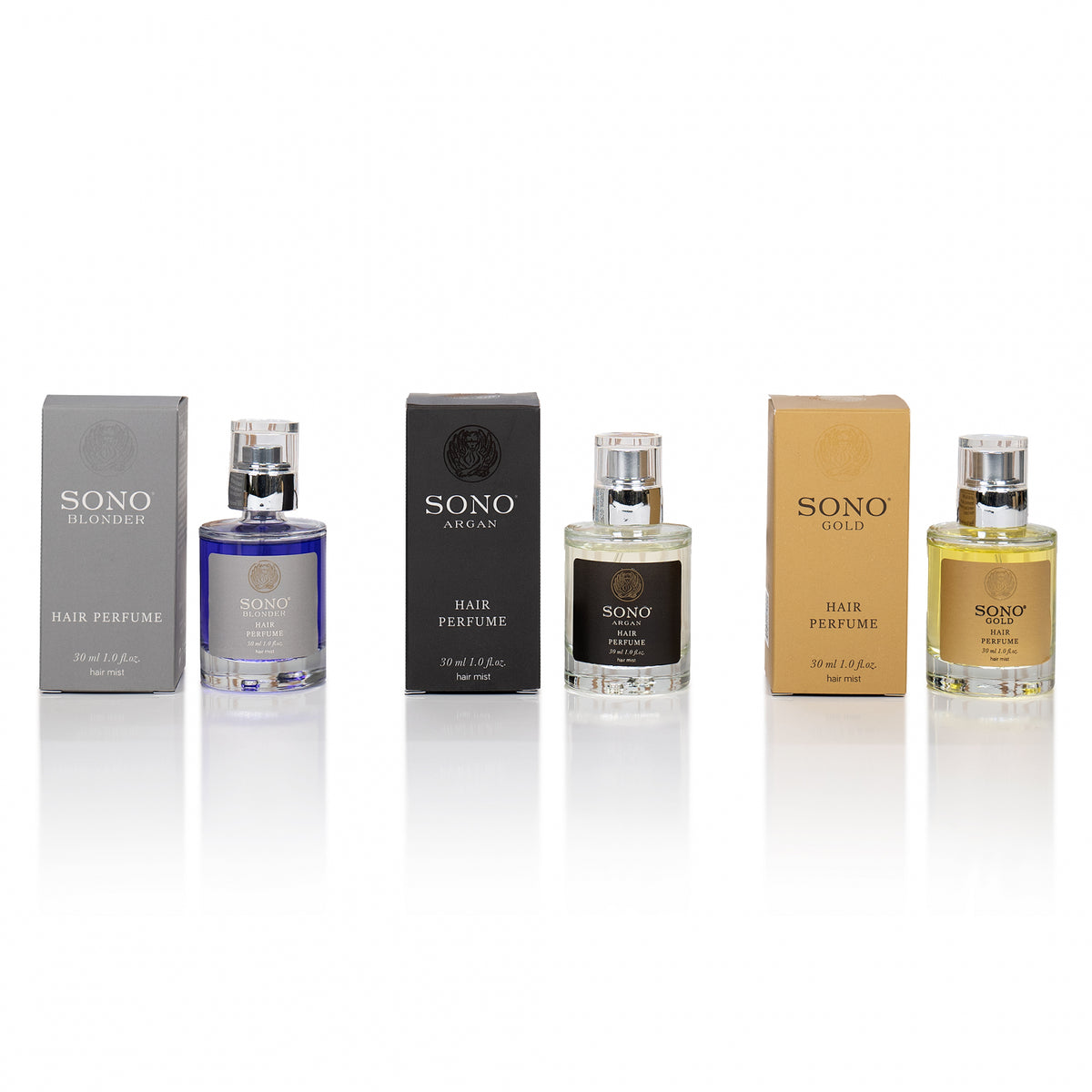 Sono Hair Perfume gama completa – Blonder, Argan si Gold, parfum pentru par 30ml cu note florale si orientale. Hidrateaza, ofera luciu si arome persistente toata ziua.