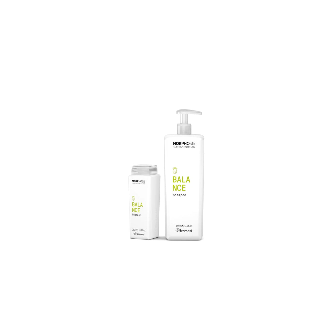 Framesi Morphosis Balance Shampoo – comparatie marimi 250ml si 1000ml cu pompa. Sampon antisebum pentru par gras cu Zinc-PCA, menta si extract lamaie. Made in Italy.
