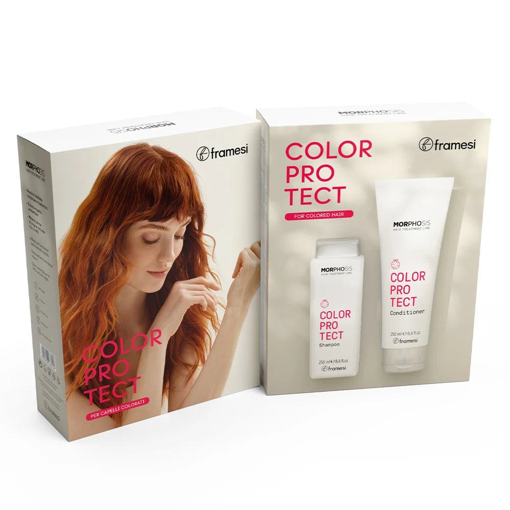 Framesi Morphosis Color Protect Kit 2x250ml – par lung, roscat si stralucitor dupa utilizare. Sampon si conditioner pentru par vopsit. Per Capelli Colorati. Made in Italy.
