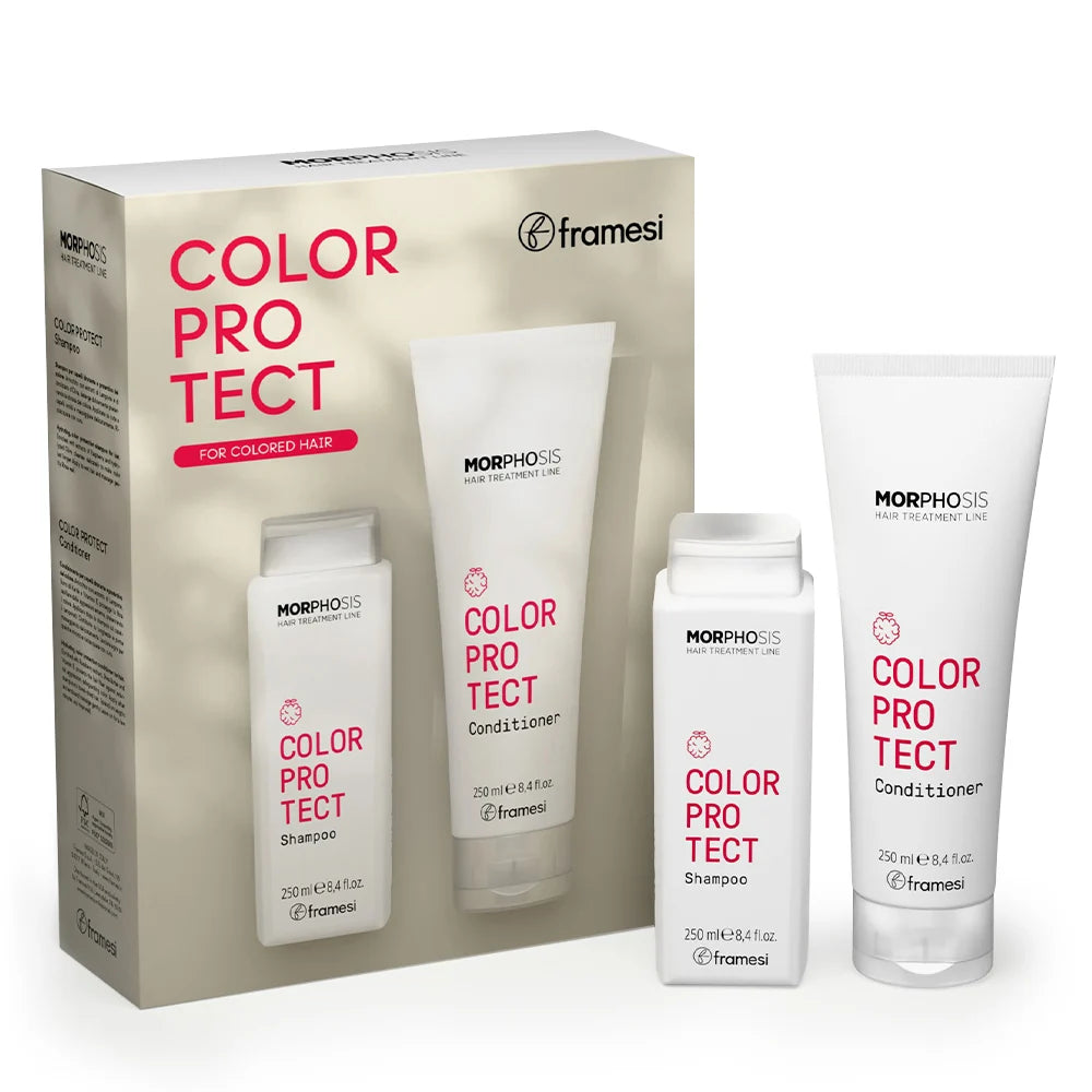 Framesi Morphosis Color Protect Kit 2x250ml – sampon si conditioner pentru par vopsit. Mentine culoarea vibranta cu zmeura, extract masline si vitamina E. For Colored Hair.
