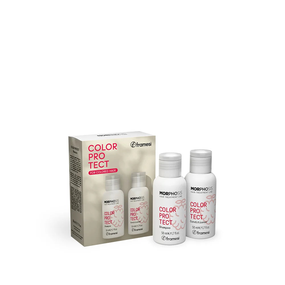 Framesi Morphosis Color Protect Kit 2x50ml – sampon si conditioner pentru par vopsit. Mentine culoarea vibranta cu zmeura, extract masline si vitamina E. For Colored Hair.
