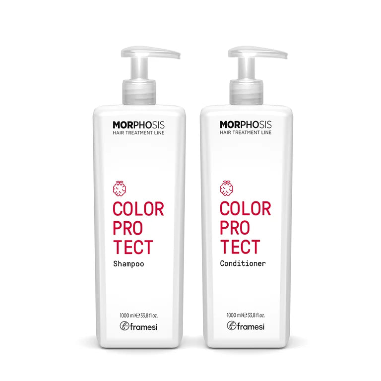 Framesi Morphosis Color Protect Sampon si Conditioner 1000ml cu pompa – pentru par vopsit. Mentine culoarea vibranta cu zmeura si extract de fructe de masline. For Colored Hair.
