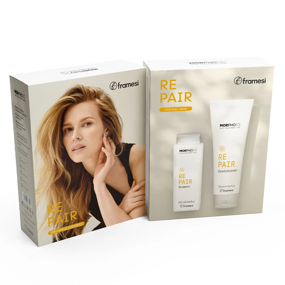 Framesi Morphosis Repair Kit 2x250ml – par lung, ondulat si stralucitor dupa utilizare. Sampon si conditioner pentru par deteriorat si lipsit de viata. For Dull Hair. Italia.
