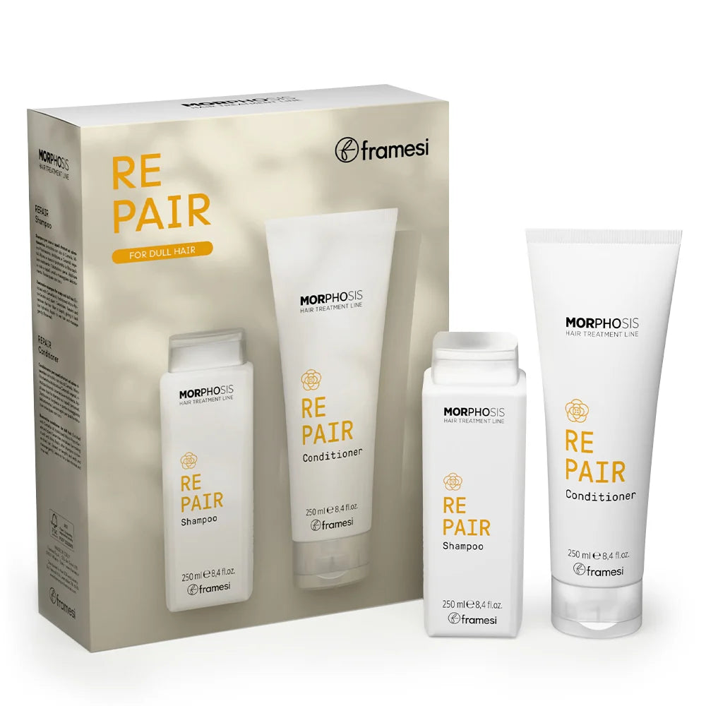 Framesi Morphosis Repair Kit 2x250ml – sampon si conditioner pentru par deteriorat si lipsit de stralucire. Repara, hidrateaza si reda vitalitatea parului. For Dull Hair.

