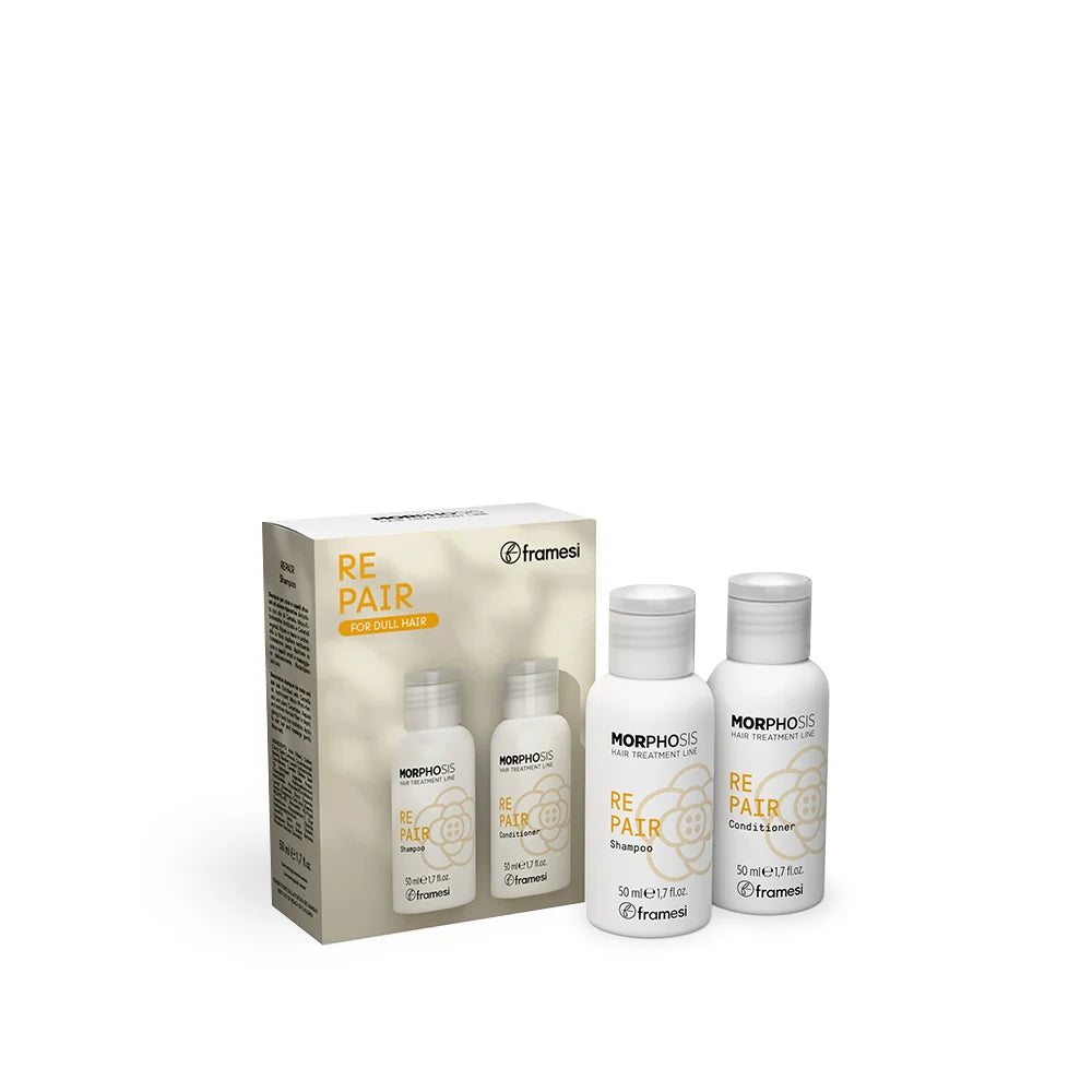 Framesi Morphosis Repair Kit 2x50ml – sampon si conditioner pentru par deteriorat si lipsit de stralucire. Repara, hidrateaza si reda vitalitatea parului. For Dull Hair.
