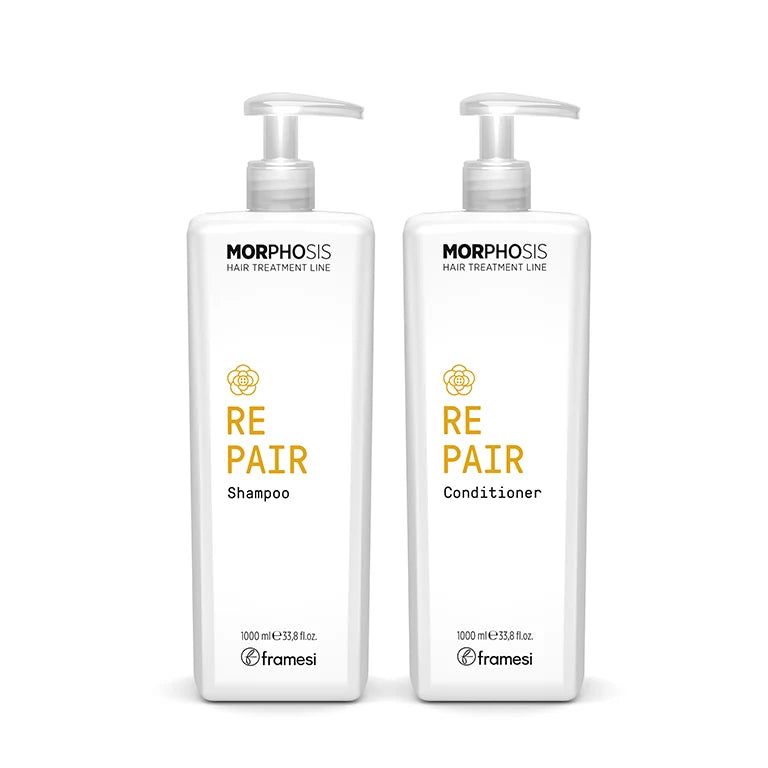 Framesi Morphosis Repair Sampon si Conditioner 1000ml cu pompa – pentru par deteriorat si lipsit de stralucire. Repara, hidrateaza si reda vitalitatea parului. For Dull Hair.
