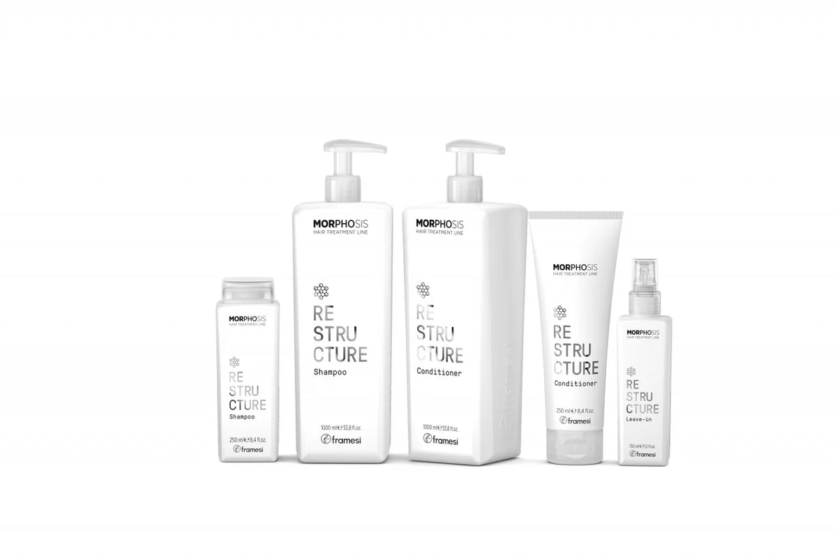 Framesi Morphosis Restructure – gama completa: Sampon 250ml si 1000ml, Conditioner 250ml si 1000ml, Leave-in 150ml spray. Reconstructie si restructurare par deteriorat. Italia.
