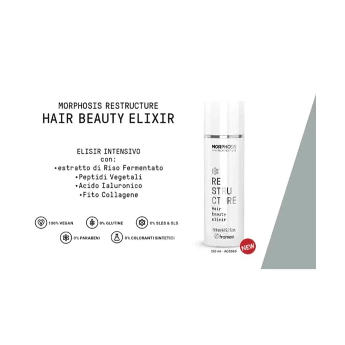 Framesi Morphosis Restructure Hair Beauty Elixir 150ml – Riso Fermentato, Peptidi Vegetali, Acido Ialuronico, Fito Collagene. 100% Vegan, 0% Parabeni, 0% SLS.
