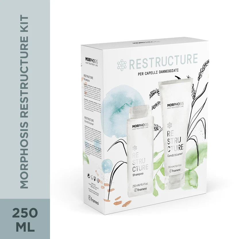 Framesi Morphosis Restructure Kit 2x250ml – sampon si conditioner pentru par deteriorat. Reface colagenul cu extract de orez fermentat si peptide vegetale. For Damaged Hair.

