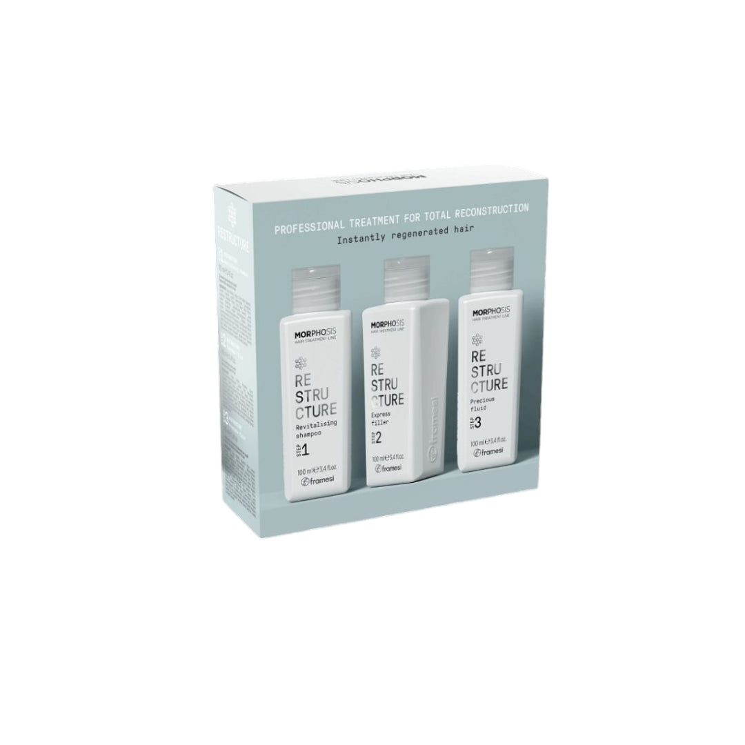 Framesi Morphosis Restructure Kit 3x100ml – Step 1 Sampon Revitalizant, Step 2 Filler Gel si Step 3 Fluid Sigilant cu colagen marin si acid hialuronic. Reconstructie par.
