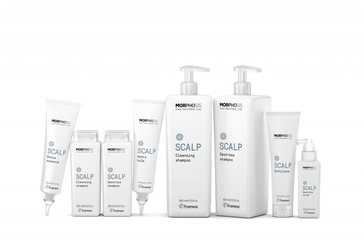 Framesi Morphosis Scalp gama extinsa – Destress Sampon 250ml si 1000ml, Cleansing Sampon, Detox Essence, Hydra Balm, Exfoliant si Ser pentru scalp sensibil. Made in Italy.

