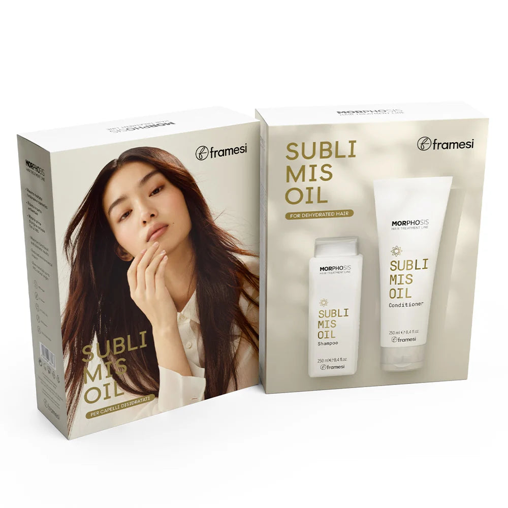Framesi Morphosis Sublimis Oil Kit – par lung, drept si stralucitor dupa utilizare. Sampon si conditioner 250ml cu ulei de argan si baobab pentru par deshidratat. Italia.
