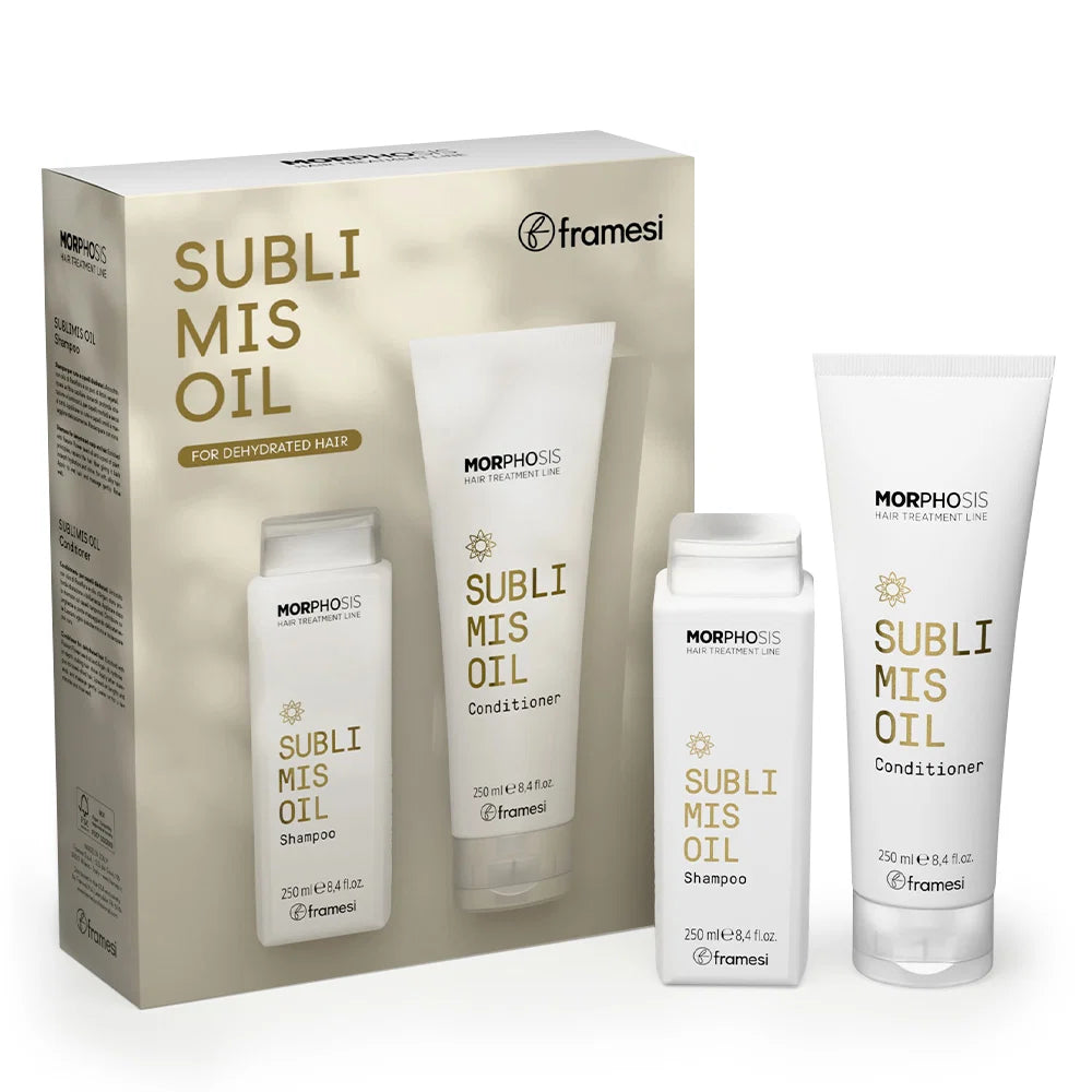 Framesi Morphosis Sublimis Oil Kit 2x250ml – sampon si conditioner cu ulei de argan, floarea pasiunii si baobab. Hidratare profunda si stralucire pentru par deshidratat.
