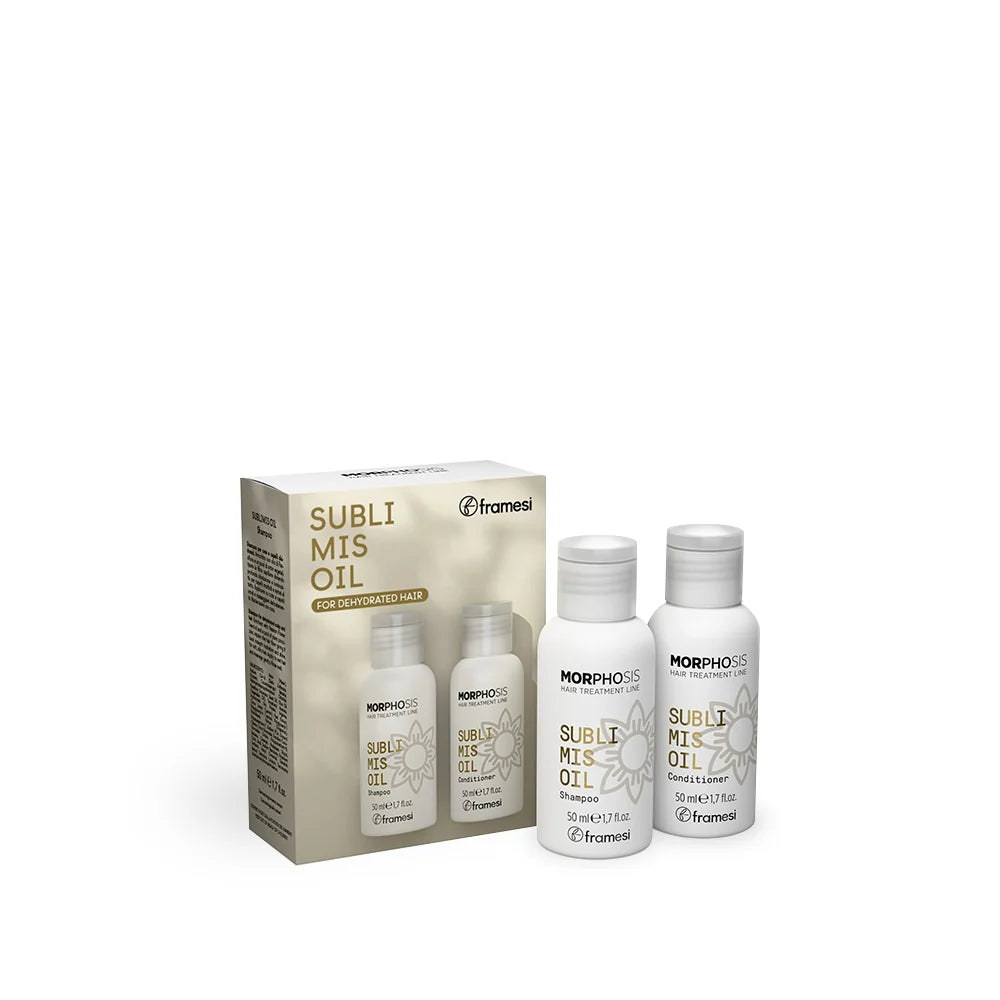 Framesi Morphosis Sublimis Oil Kit 2x50ml – sampon si conditioner cu ulei de argan, floarea pasiunii si baobab. Hidratare profunda si stralucire pentru par deshidratat.
