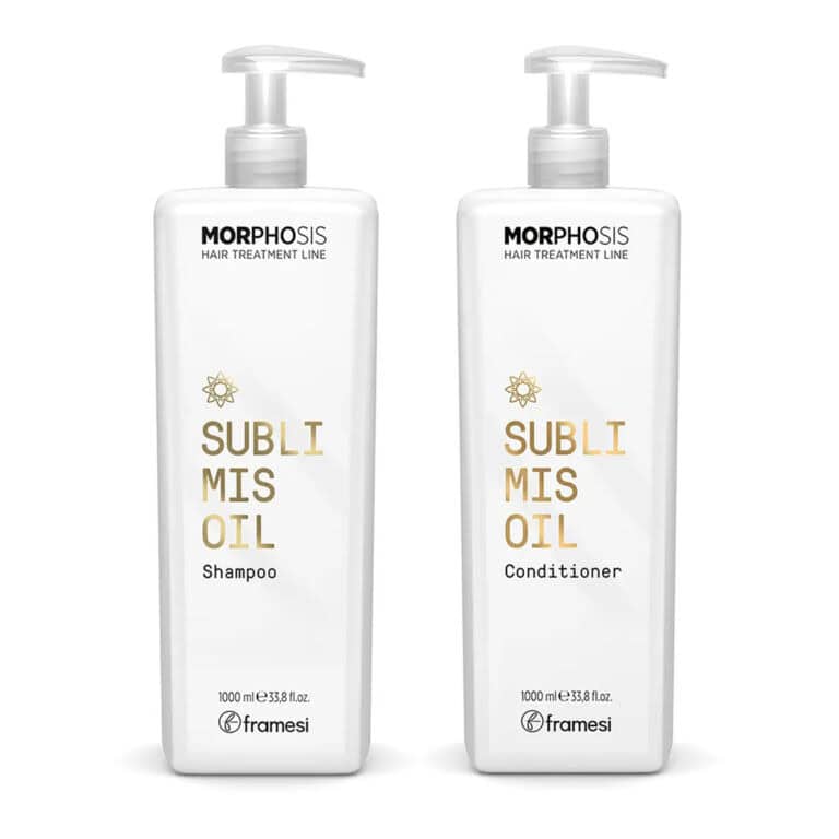 Framesi Morphosis Sublimis Oil Sampon si Conditioner 1000ml cu pompa – ulei de argan, floarea pasiunii si baobab. Hidratare profunda si stralucire pentru par deshidratat.
