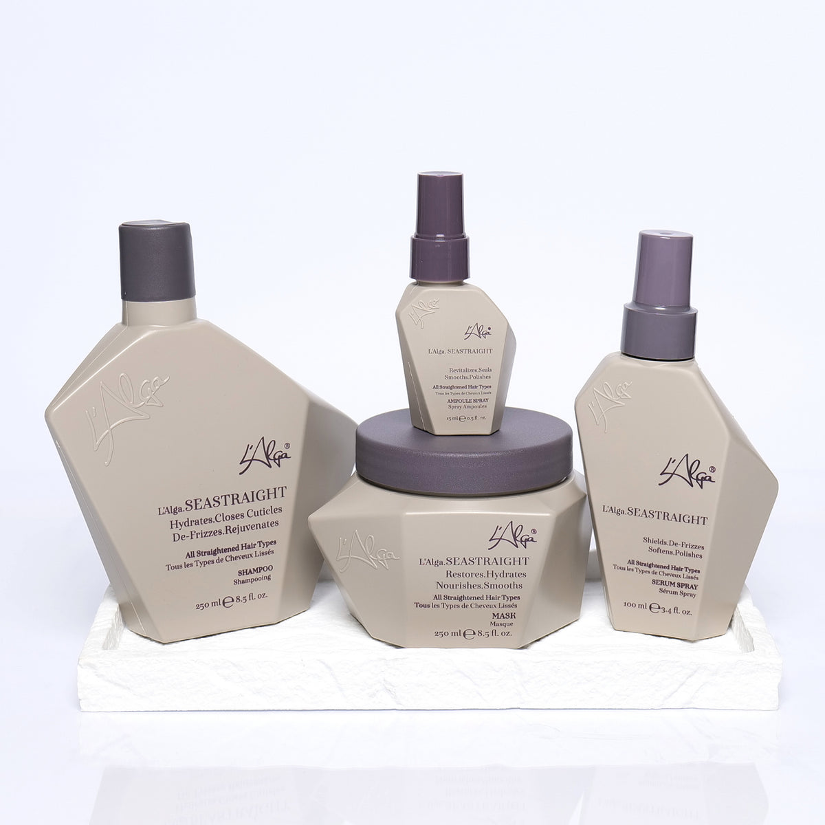L'alga Seastraight gama completa – sampon, masca, ampola spray si ser spray cu acid hialuronic si alge marine pentru par drept, indreptat si antifrizz. Design premium.
