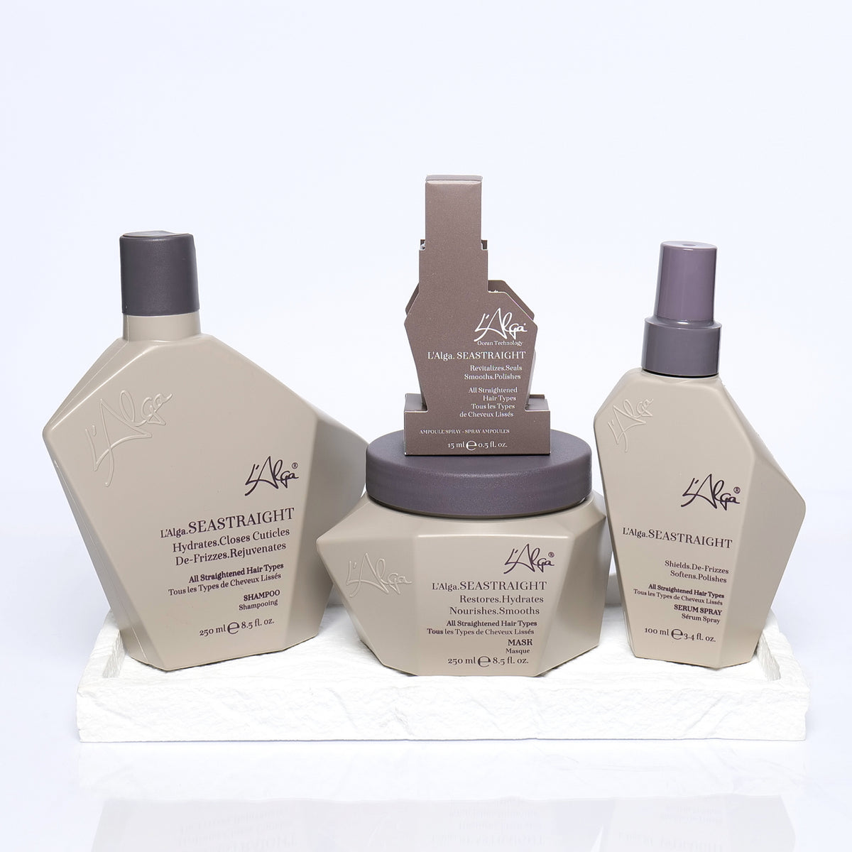 L'alga Seastraight gama – sampon, masca, ampola spray si ser spray cu acid hialuronic si alge marine pentru par drept, indreptat si antifrizz. Ocean Technology.
