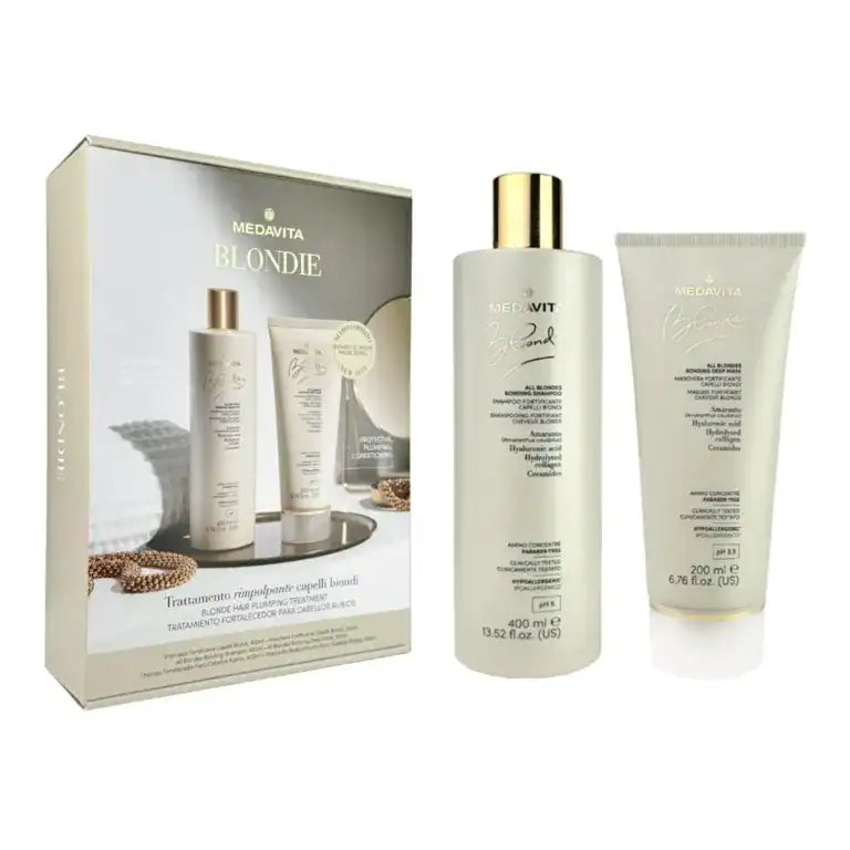 Medavita Blondie All Blondes Bonding Shampoo 400ml + Deep Mask 200ml – Amarant, Colagen Hidrolizat, Acid Hialuronic, Ceramide. Fortifiere par blond. Hypoallergenic, Paraben Free.
