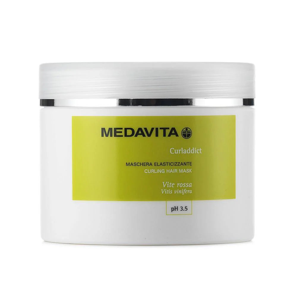 Medavita Curladdict Curling Hair Mask 500ml pH 3.5 – Vitis vinifera, Amino Concentre, Paraben Free. Masca elasticizanta definire bucle par ondulat si cret.
