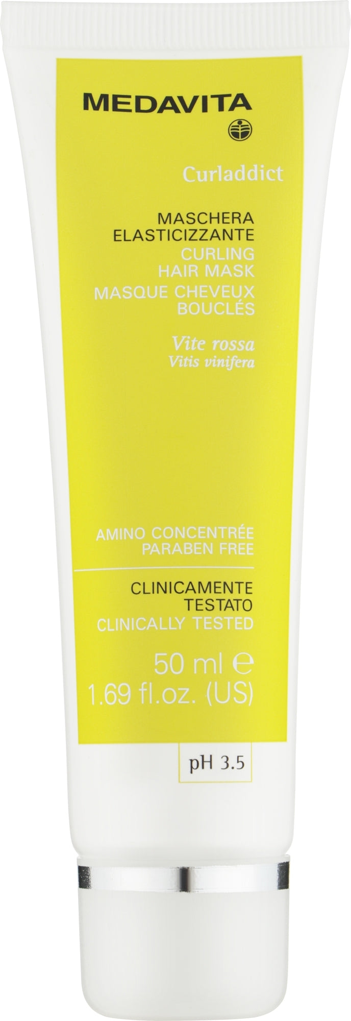 Medavita Curladdict Curling Hair Mask 50ml pH 3.5 – Vitis vinifera, Amino Concentre, Paraben Free, Clinically Tested. Masca elasticizanta par ondulat si cret.
