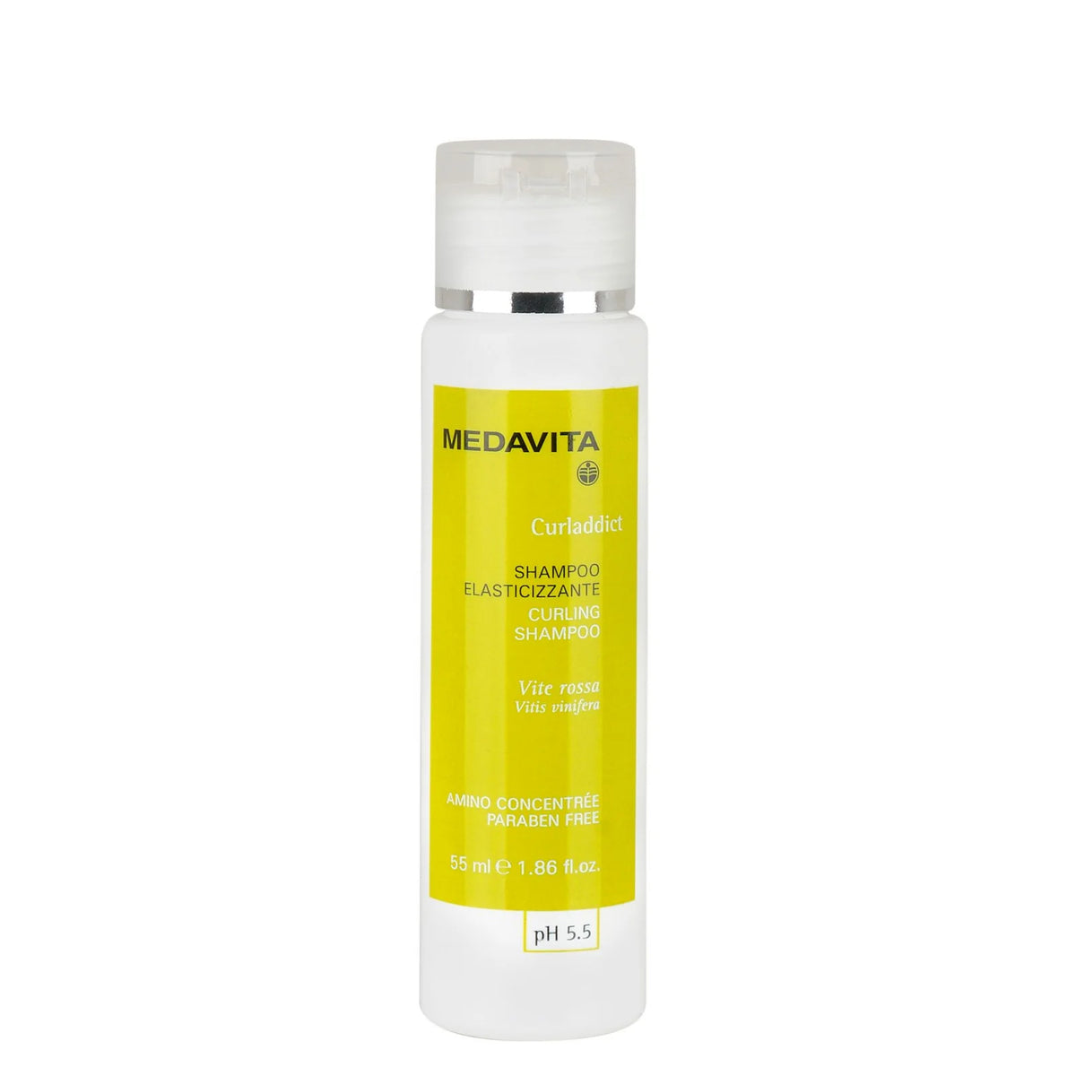 Medavita Curladdict Curling Shampoo 55ml pH 5.5 – Vitis vinifera, Amino Concentre, Paraben Free. Sampon elasticizant pentru par ondulat si cret. Made in Italy.
