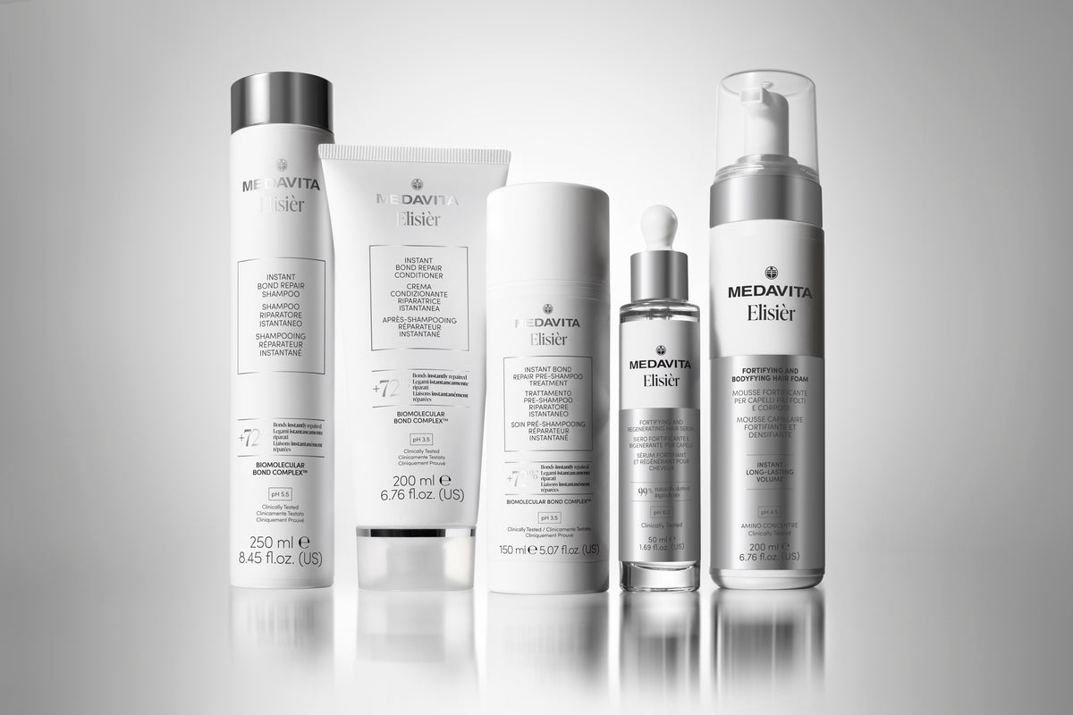 Gama completă Medavita Elisier Instant Bond Repair pentru repararea părului deteriorat, cu tratament pre-șampon, șampon, conditioner, ser regenerant și spumă pentru volum.