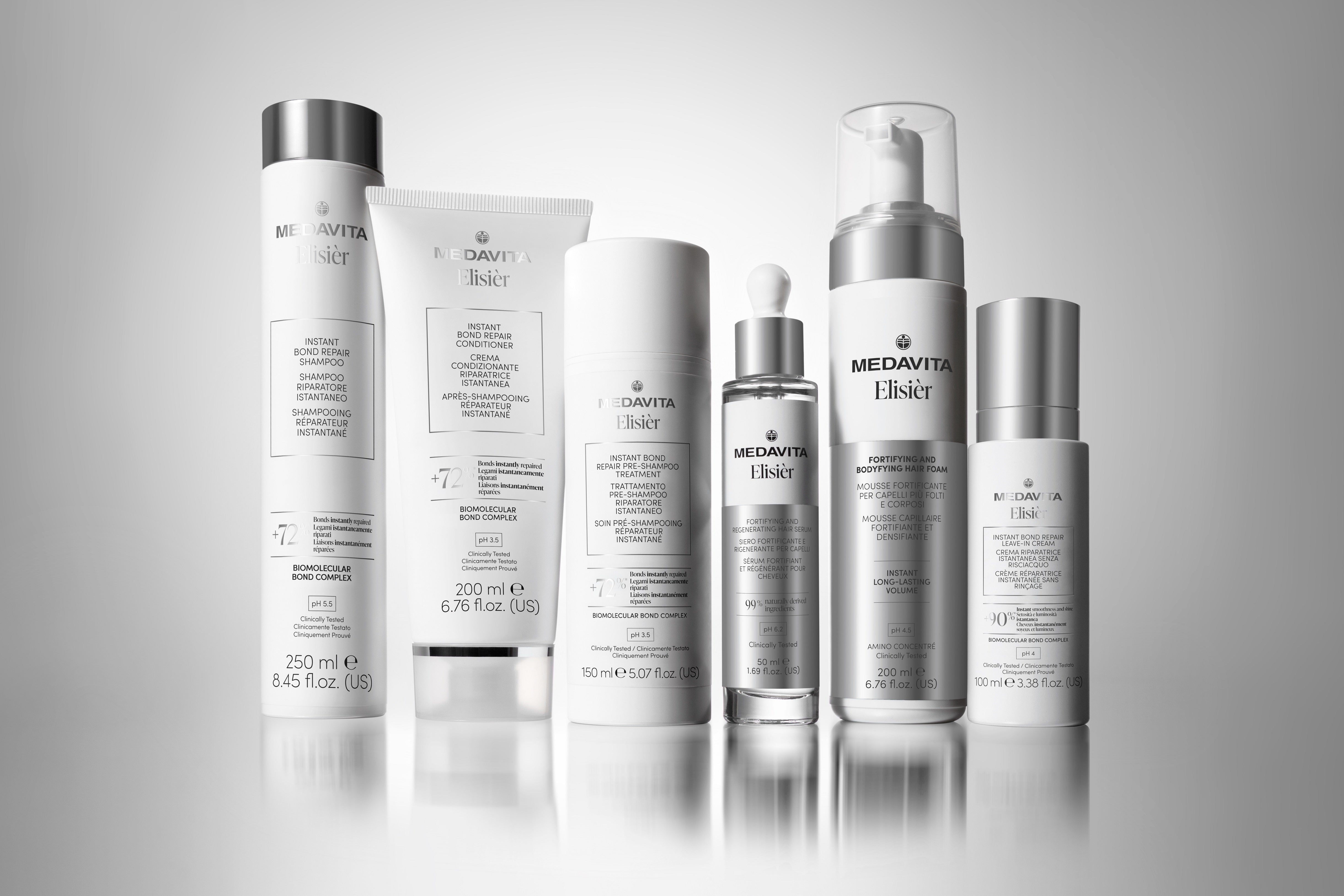 Gama completă Medavita Elisièr Instant Bond Repair cu șampon, balsam, tratament pre-șampon, serum și cremă leave-in pentru repararea părului deteriorat.