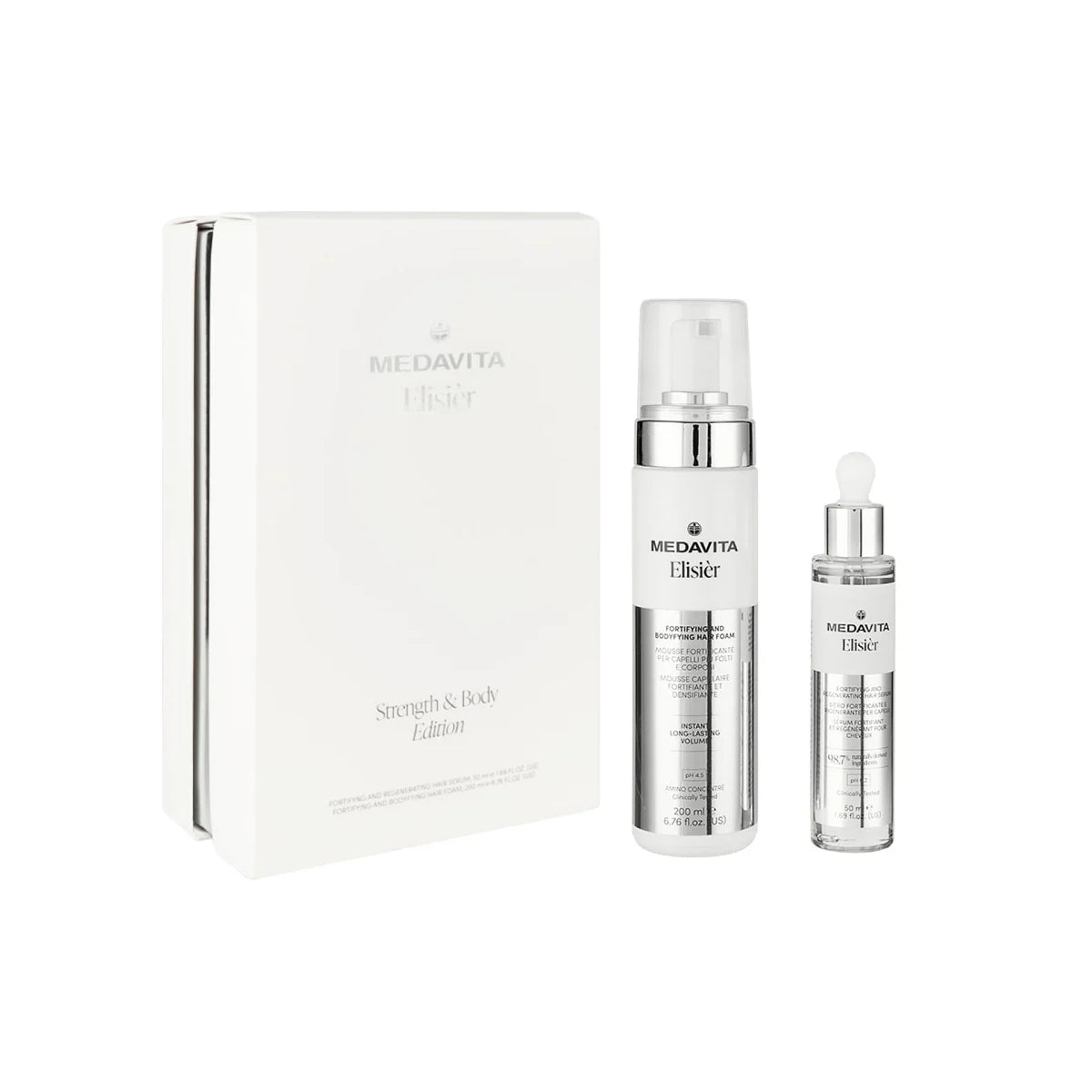 Kit Medavita Elisièr cu ser fortifiant și spumă profesională pentru volum și fortificarea părului, ediția Strength & Body.