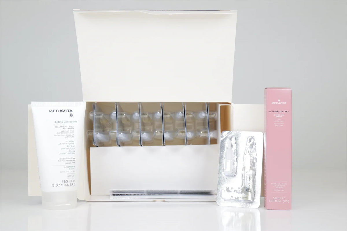 Set Medavita anticadere deschis: 13 fiole Lotion Concentree, tub 150ml tratament intensiv si cutie roz Nutri-Instante GRATUIT. Kit complet pentru caderea parului. Made in Italy.
