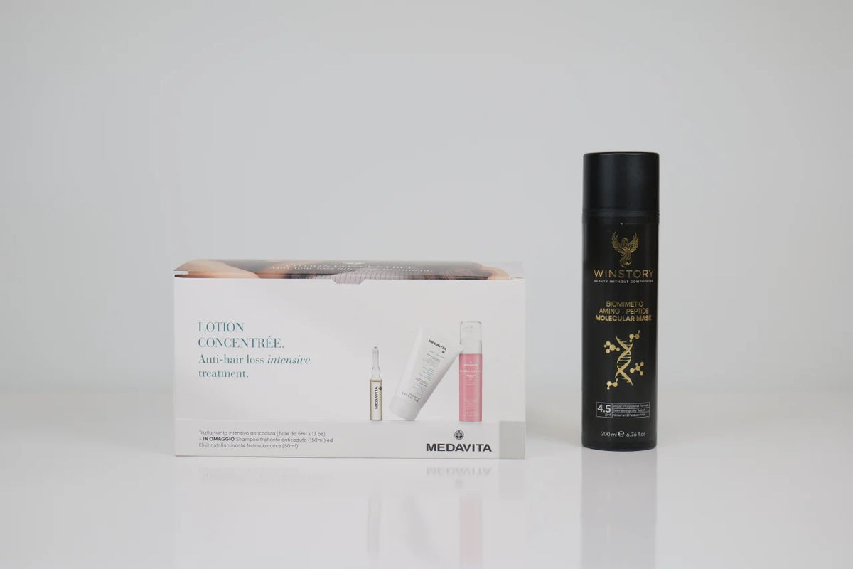 Set Medavita anticadere deschis: 13 fiole Lotion Concentree, tub 150ml tratament intensiv si cutie roz Nutri-Instante GRATUIT. Kit complet pentru caderea parului. Made in Italy.
