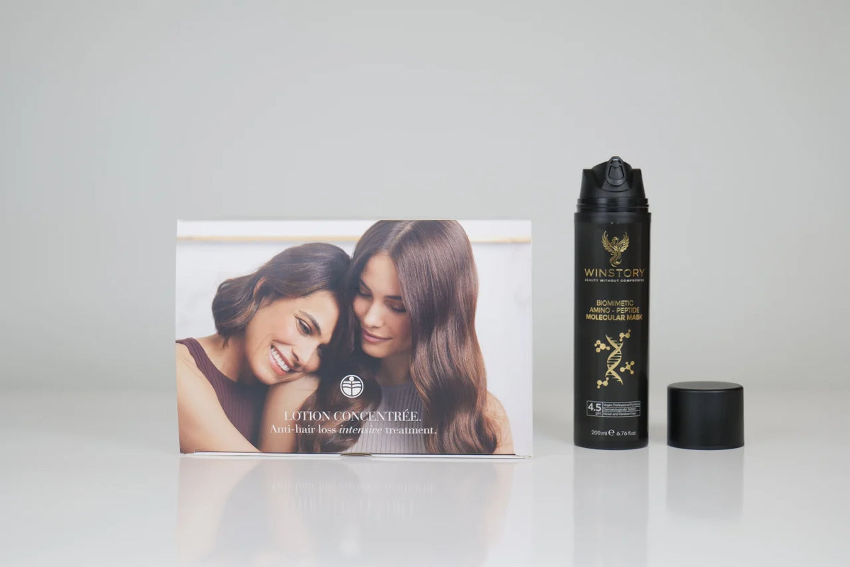 Set anticadere: Medavita Lotion Concentree Anti-hair loss + Winstory Biomimetic Amino-Peptide Molecular Mask 200ml. Reparare moleculara si tratament intensiv anticadere par.
