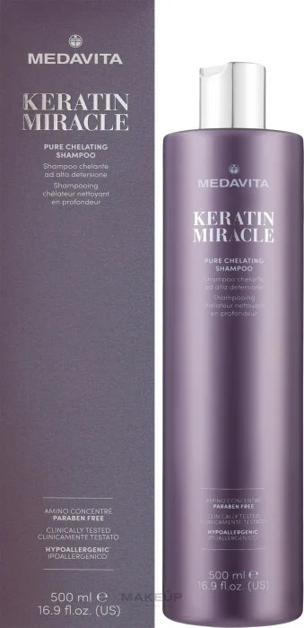 Medavita Keratin Miracle Pure Chelating Shampoo 500ml – sampon clarifiant alcalin, Amino Concentre, Clinically Tested, Hypoallergenic, Paraben Free. Made in Italy.
