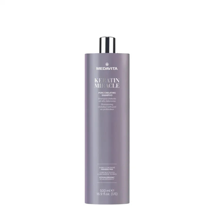 Medavita Keratin Miracle Pure Chelating Shampoo 500ml – flacon mov, sampon chelator clarifiant alcalin, Amino Concentre, Paraben Free, Clinically Tested, Hypoallergenic.
