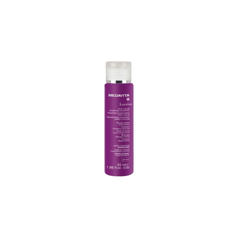 Medavita Luxviva Sampon Acidifiant Post Color 55ml pH 4.5 – Fitokeratina, Moringa, Nigella sativa, Amino Concentre, Paraben Free. Protectia culorii par vopsit.
